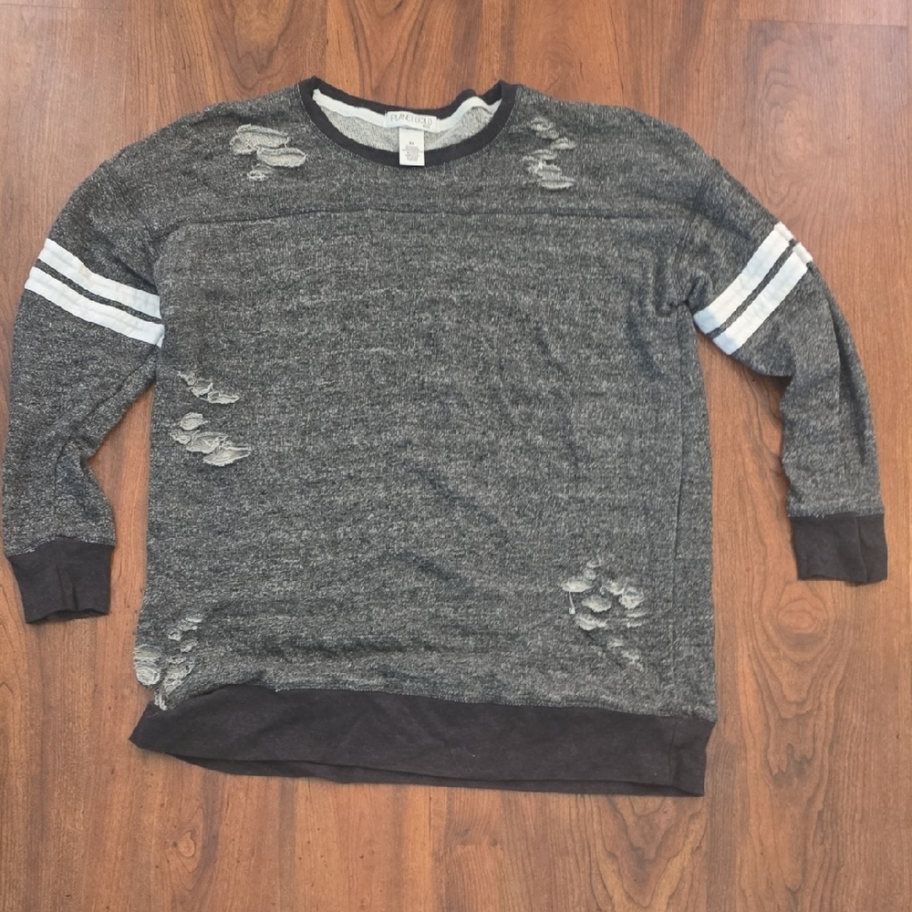 Planet Gold Plus Size Ripped Crew Neck Sweater – Light Grey, 2X